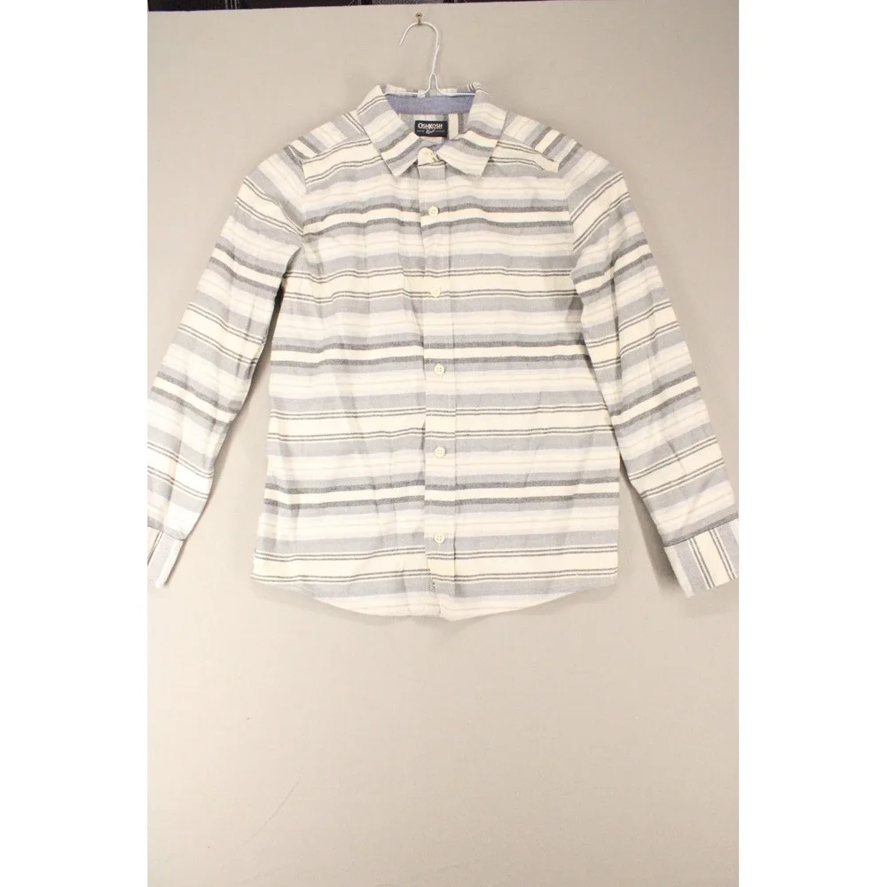 OshKosh Bgosh Boys Grey Blue Striped Flannel Button Down Shirt Size 12 NWT